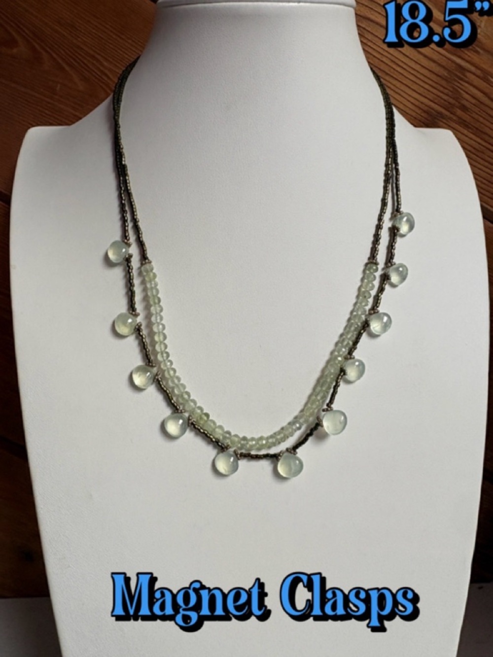 Layered Pale Green Beaded Necklace with Teardrop Charms